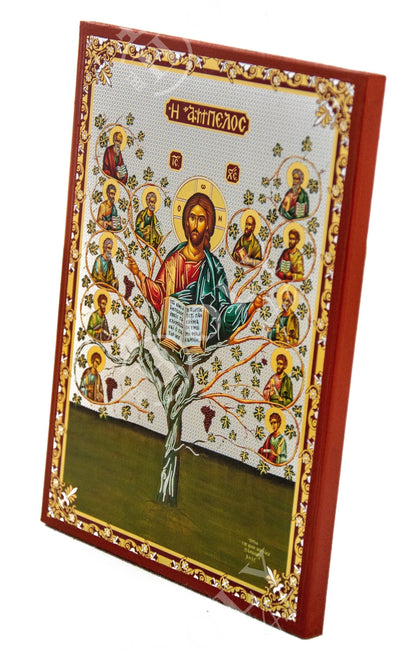 Jesus Christ icon with Apostles, Ampelos True Vine handmade Greek Orthodox icon, Byzantine art wall hanging on wood plaque, religious decor - TheHolyArt