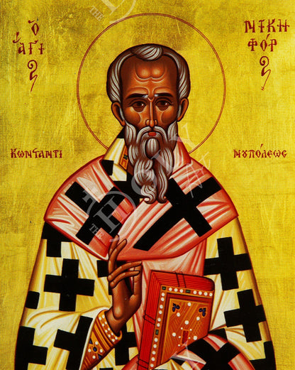 Saint Nicephorus icon, Handmade Greek Orthodox icon of St Nikephoros of Constantinople, Byzantine art wall hanging icon on wood plaque - TheHolyArt