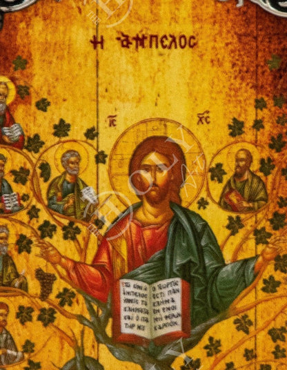 Jesus Christ icon with Apostles, Ampelos True Vine handmade Greek Orthodox icon, Byzantine art wall hanging on wood plaque, religious decor - TheHolyArt