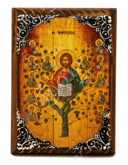 Jesus Christ icon with Apostles, Ampelos True Vine handmade Greek Orthodox icon, Byzantine art wall hanging on wood plaque, religious decor - TheHolyArt