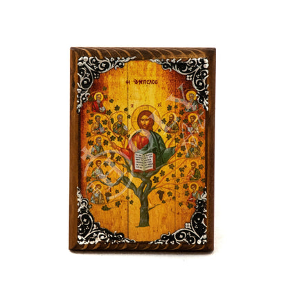 Jesus Christ icon with Apostles, Ampelos True Vine handmade Greek Orthodox icon, Byzantine art wall hanging on wood plaque, religious decor - TheHolyArt