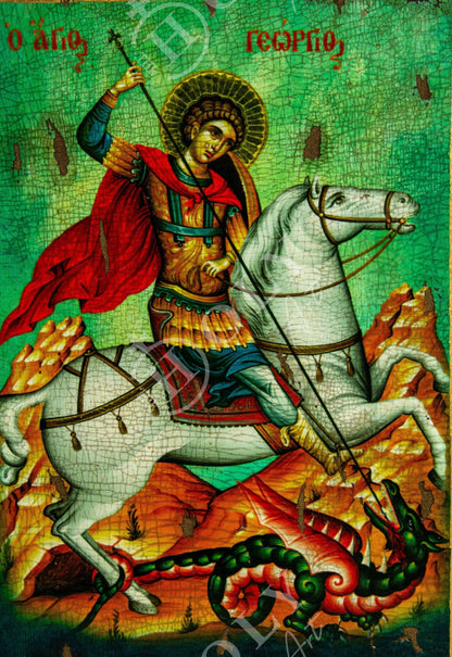 Saint George icon, Handmade Greek Orthodox icon of St George 30x20cm, Byzantine art wall hanging canvas icon wood plaque, religious decor - TheHolyArt