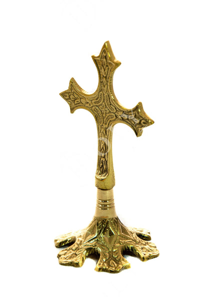Standing Table Altar Crucifix, Jesus Christ Brass Blessing Cross, Handmade Greek Orthodox Byzantine Gold plated Holy Cross, religious decor - TheHolyArt