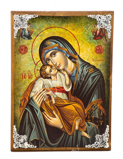 Virgin Mary icon Panagia Glykophilousa, Handmade Greek Orthodox icon of Theotokos, Mother of God Byzantine art wall hanging wood plaque icon - TheHolyArt