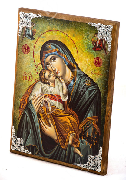 Virgin Mary icon Panagia Glykophilousa, Handmade Greek Orthodox icon of Theotokos, Mother of God Byzantine art wall hanging wood plaque icon - TheHolyArt