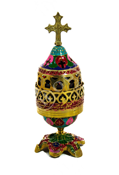 Christian Brass Table Oil Vigil Lamp with Cross, Hand-painted Prayer Standing Oil Lamp, Orthodox Oil Candle with glass cup, religious decor - TheHolyArt