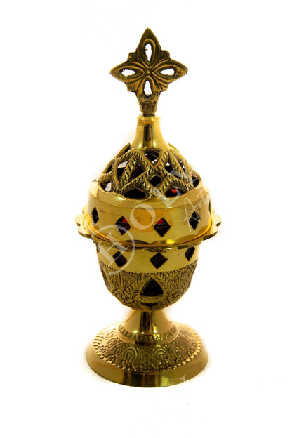 Christian Brass Table Oil Vigil Lamp with Cross, Hand-painted Prayer Standing Oil Lamp, Orthodox Oil Candle with glass cup, religious decor - TheHolyArt