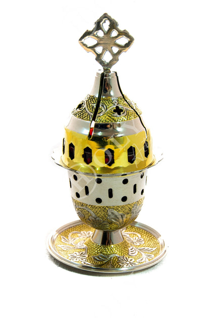Christian Brass Table Oil Vigil Lamp with Cross, Hand-painted Prayer Standing Oil Lamp, Orthodox Oil Candle with glass cup, religious decor - TheHolyArt
