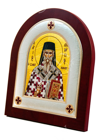 Saint Dionysius of Zakynthos icon, Handmade Silver Greek Orthodox icon of St Dionysios, Byzantine art wall hanging religious wood plaque - TheHolyArt