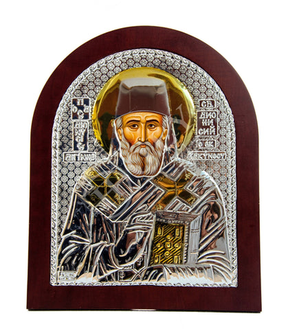Saint Dionysius of Zakynthos icon, Handmade Silver Greek Orthodox icon of St Dionysios, Byzantine art wall hanging religious wood plaque - TheHolyArt