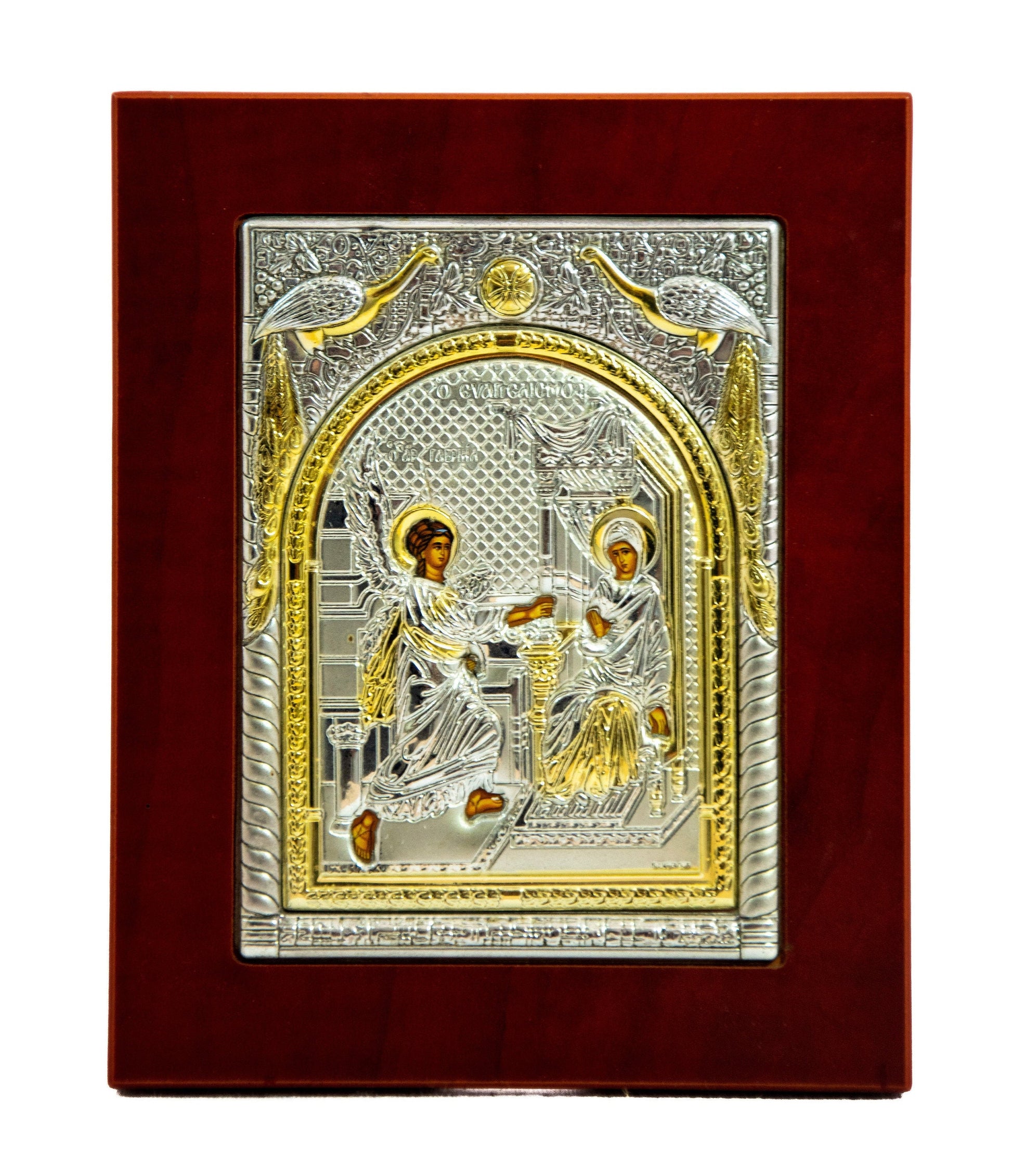 The Annunciation of Virgin Mary icon, Handmade Silver Greek Orthodox Icon of Mother of God, Theotokos Byzantine art wall hanging wood plaque TheHolyArt