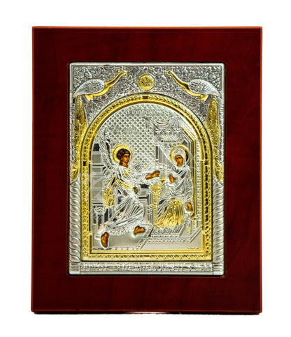 The Annunciation of Virgin Mary icon, Handmade Silver Greek Orthodox Icon of Mother of God, Theotokos Byzantine art wall hanging wood plaque - TheHolyArt
