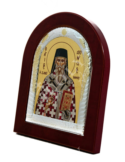 Saint Dionysius of Zakynthos icon, Handmade Silver Greek Orthodox icon of St Dionysios, Byzantine art wall hanging religious wood plaque - TheHolyArt