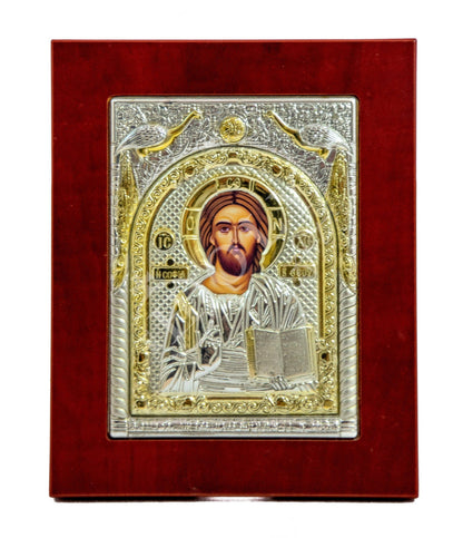 Jesus Christ icon, Handmade Silver Greek Orthodox icon of our Lord, Byzantine art wall hanging on wood plaque, religious icon home decor - TheHolyArt