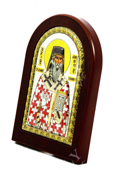 Saint Dionysius of Zakynthos icon, Handmade Silver Greek Orthodox icon of St Dionysios, Byzantine art wall hanging religious wood plaque - TheHolyArt