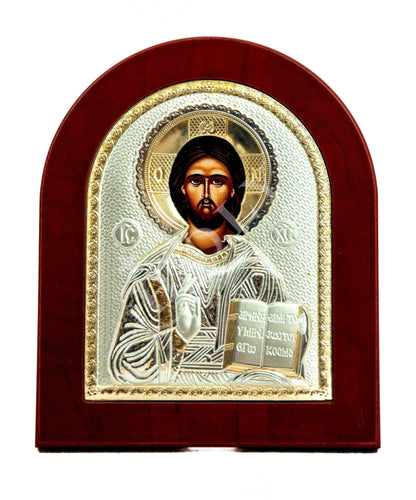 Jesus Christ icon, Handmade Silver Greek Orthodox icon of our Lord, Byzantine art wall hanging on wood plaque, religious icon home decor - TheHolyArt