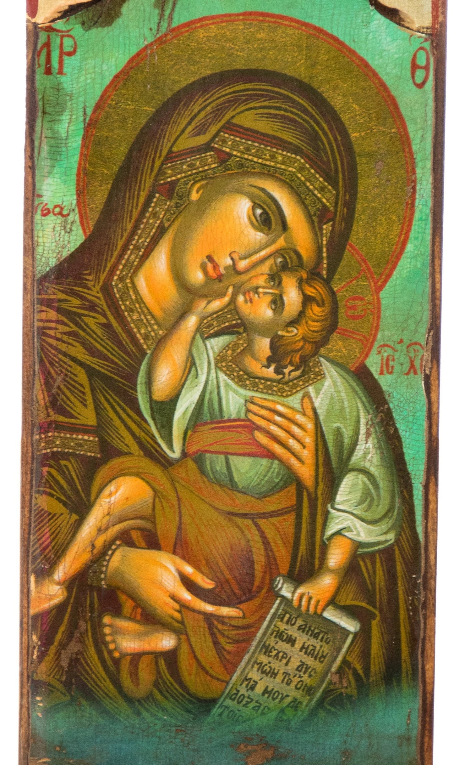 Virgin Mary icon Panagia, Handmade Greek Orthodox icon Theotokos, Mother of God Byzantine art wall hanging wood plaque canvas icon 40x13cm TheHolyArt
