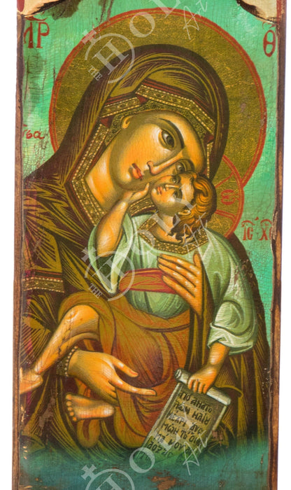 Virgin Mary icon Panagia, Handmade Greek Orthodox icon Theotokos, Mother of God Byzantine art wall hanging wood plaque canvas icon 40x13cm - TheHolyArt