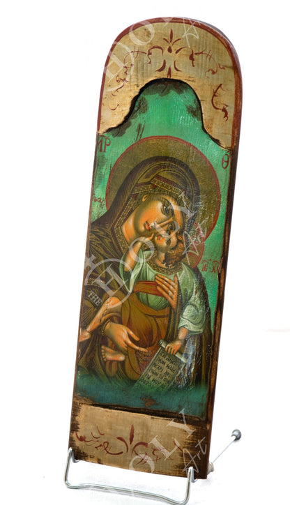 Virgin Mary icon Panagia, Handmade Greek Orthodox icon Theotokos, Mother of God Byzantine art wall hanging wood plaque canvas icon 40x13cm - TheHolyArt