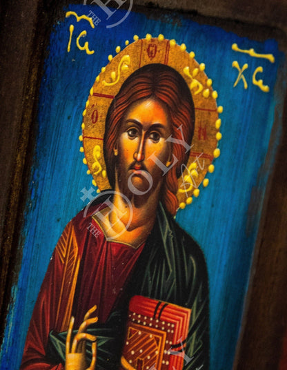 Jesus Christ icon, Handmade Greek Orthodox icon, Byzantine art wall hanging icon of our Lord on wood plaque, religious decor 19x15cm - TheHolyArt