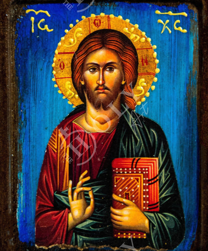 Jesus Christ icon, Handmade Greek Orthodox icon, Byzantine art wall hanging icon of our Lord on wood plaque, religious decor 19x15cm - TheHolyArt