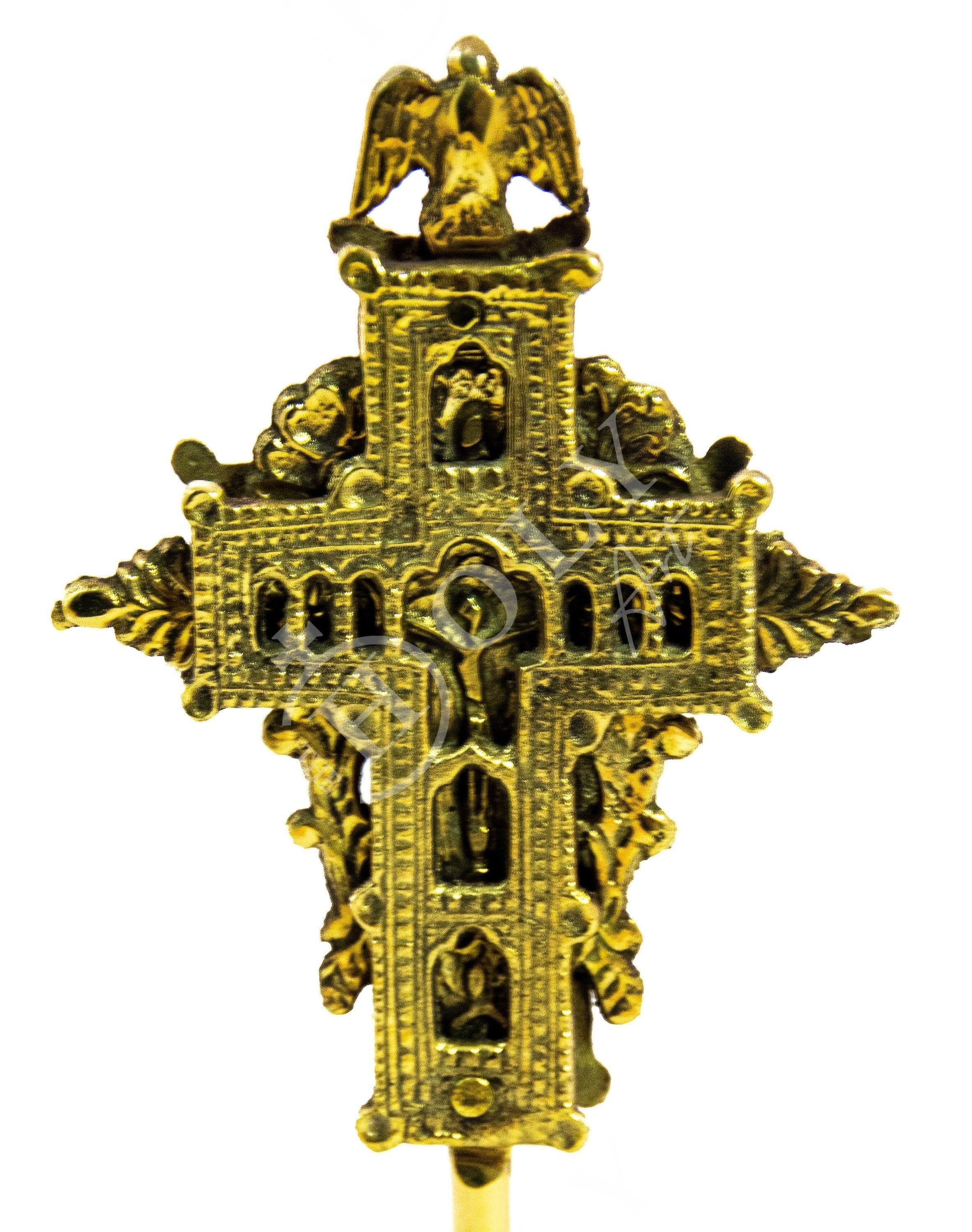 Brass orthodox headstone decor Cross with crucifix shops for christian granit monument Golden grave decoration Jesus Christ tombstone decor