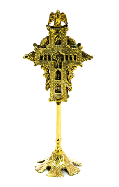 Standing Table Altar Crucifix, Jesus Christ Brass Blessing Cross, Handmade Greek Orthodox Byzantine Gold plated Holy Cross, religious decor - TheHolyArt