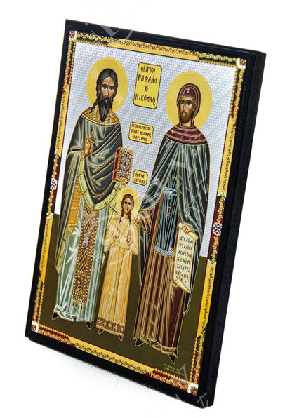 Saint Raphael Saint Nicholas Saint Irene icon Lesvos, Byzantine art wall hanging, Handmade Greek Orthodox icon wood plaque, religious gift - TheHolyArt