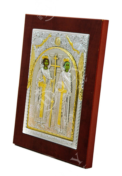 Saint Constantine icon & Saint Helen icon, Handmade Silver Greek Christian Orthodox Icon St Constantine and Helen Byzantine art wall hanging - TheHolyArt