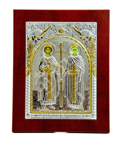 Saint Constantine icon & Saint Helen icon, Handmade Silver Greek Christian Orthodox Icon St Constantine and Helen Byzantine art wall hanging - TheHolyArt
