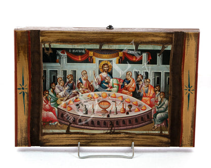 The Last Supper Orthodox icon, Jesus Christ icon, Handmade canvas Byzantine art wall hanging of Holy Communion wood plaque 38x25cm, religious decor - TheHolyArt
