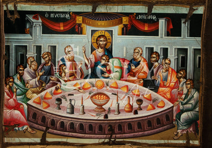 The Last Supper Orthodox icon, Jesus Christ icon, Handmade canvas Byzantine art wall hanging of Holy Communion wood plaque 38x25cm, religious decor - TheHolyArt