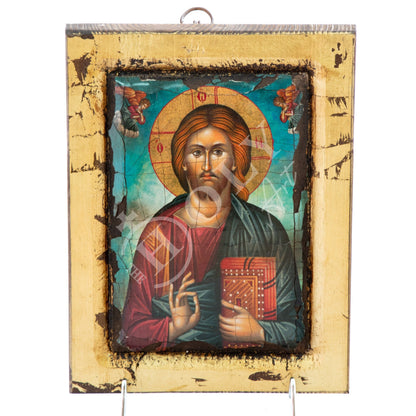 Jesus Christ icon, Handmade Greek Orthodox icon of our Lord, Byzantine art wall hanging canvas icon w gold leaf wood plaque, wedding gift - TheHolyArt