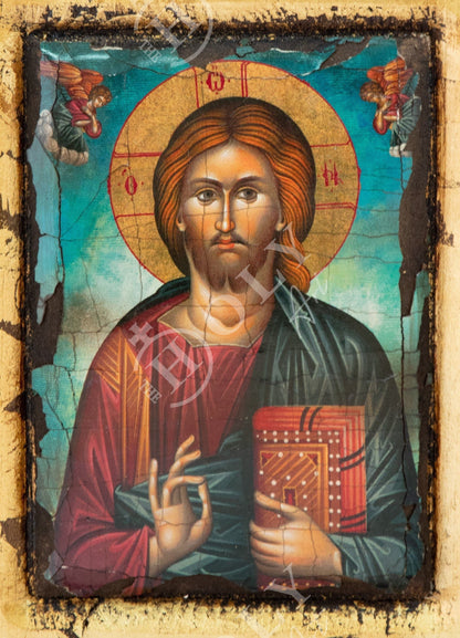 Jesus Christ icon, Handmade Greek Orthodox icon of our Lord, Byzantine art wall hanging canvas icon w gold leaf wood plaque, wedding gift - TheHolyArt