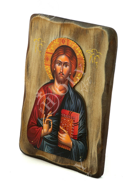 Jesus Christ icon, Handmade Greek Orthodox icon of our Lord, Byzantine art wall hanging on wood plaque, religious home decor - TheHolyArt