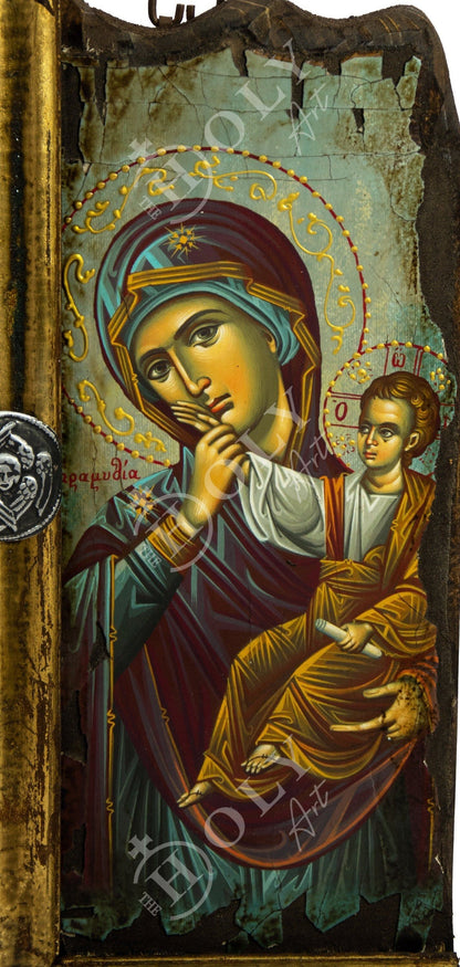 Virgin Mary icon Panagia, Handmade Greek Orthodox icon Theotokos, Mother of God Byzantine art wall hanging canvas icon wood plaque 34x16cm - TheHolyArt