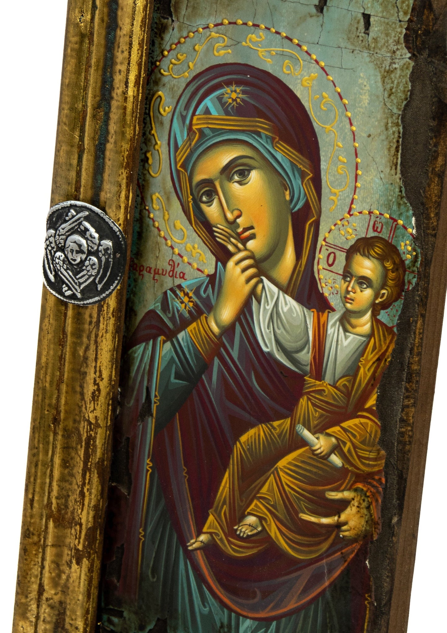 Virgin Mary icon Panagia, Handmade Greek Orthodox icon Theotokos, Mother of God Byzantine art wall hanging canvas icon wood plaque 34x16cm TheHolyArt
