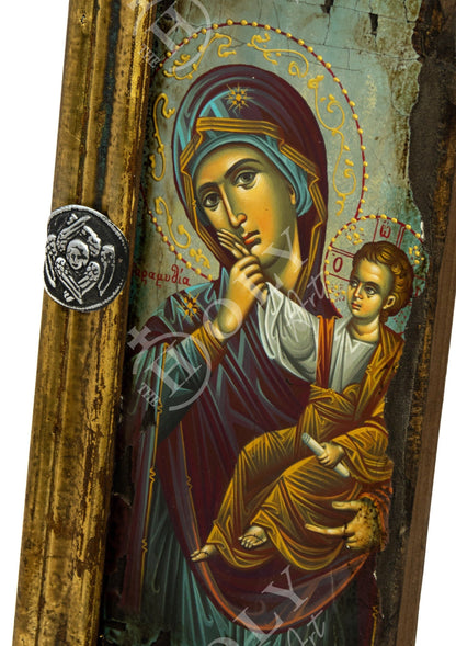 Virgin Mary icon Panagia, Handmade Greek Orthodox icon Theotokos, Mother of God Byzantine art wall hanging canvas icon wood plaque 34x16cm - TheHolyArt