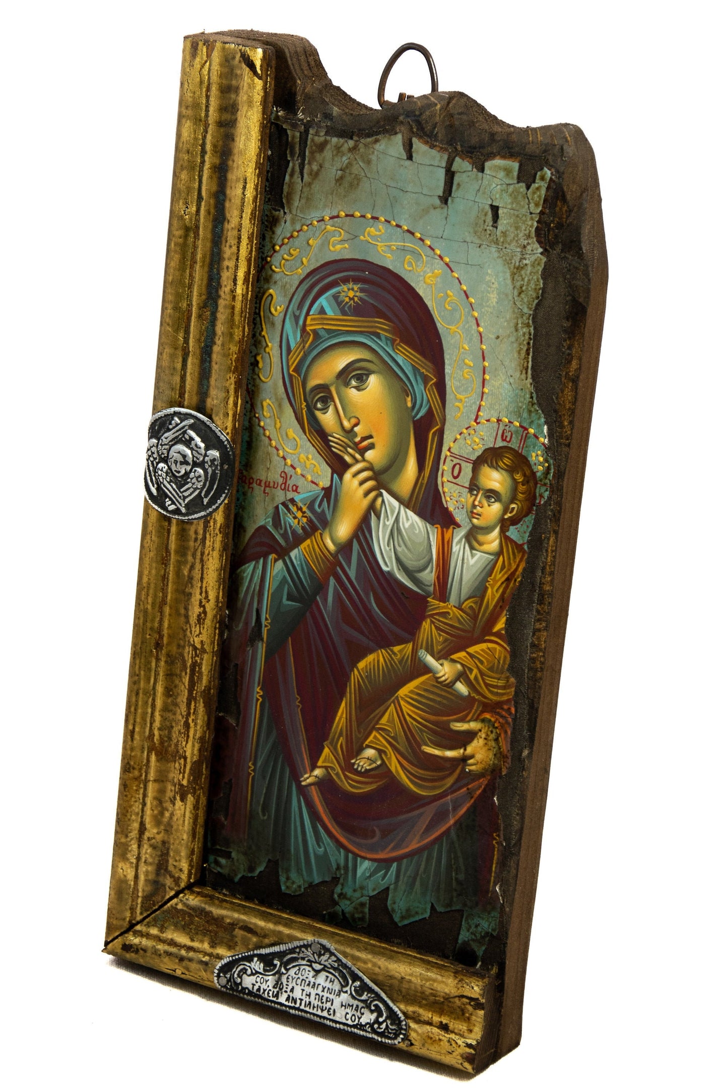 Virgin Mary icon Panagia, Handmade Greek Orthodox icon Theotokos, Mother of God Byzantine art wall hanging canvas icon wood plaque 34x16cm TheHolyArt