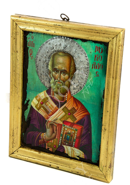 Saint Nicholas icon, Handmade Greek Orthodox icon of St Nick, Byzantine art wall hanging gold leaf wood plaque icon 40x30cm, religious gift - TheHolyArt