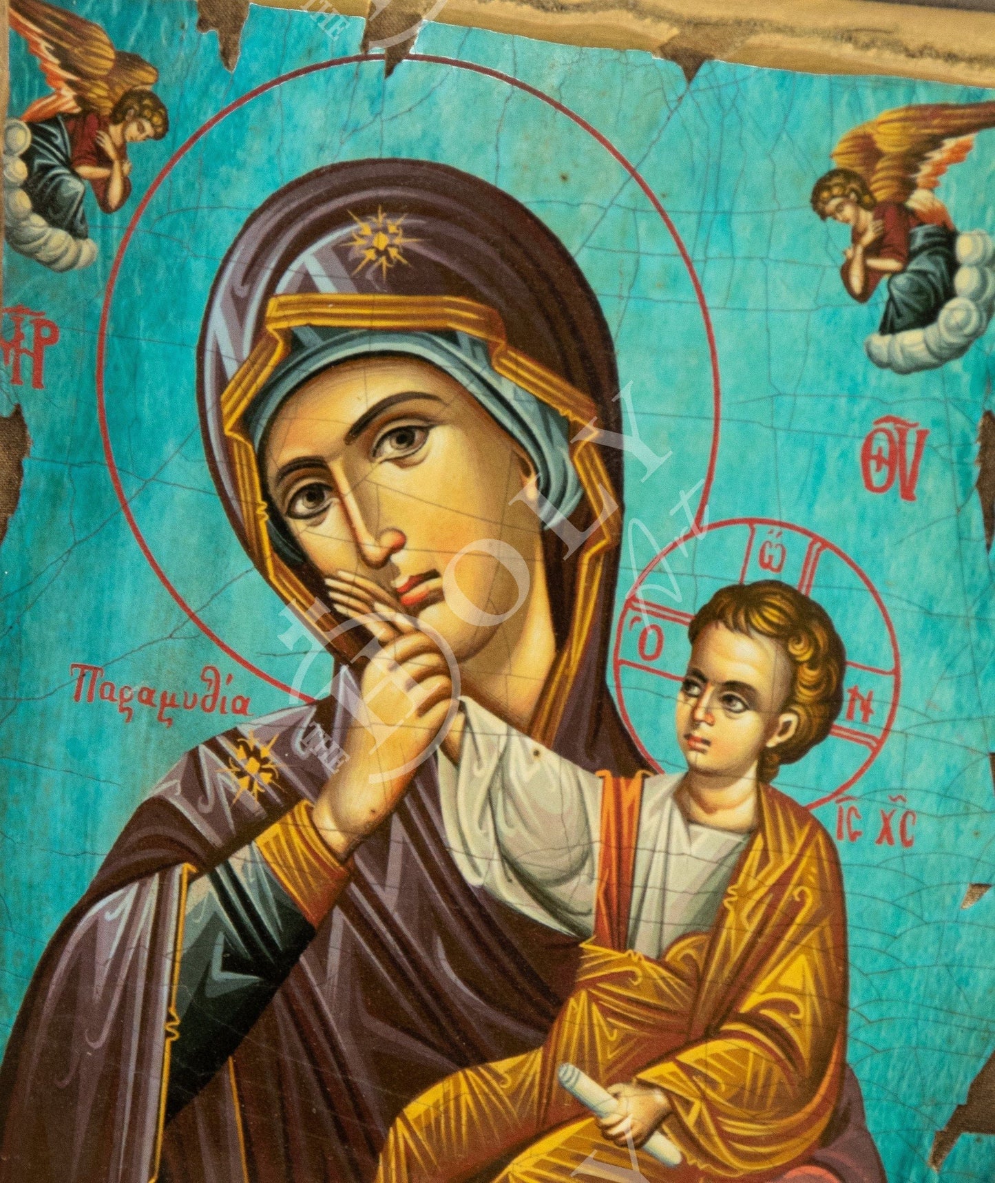 Virgin Mary icon Paramythia, Handmade Greek Orthodox Icon of Mother of God Byzantine art wall hanging wood plaque on canvas 30x20cm gift TheHolyArt