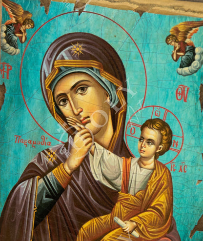 Virgin Mary icon Paramythia, Handmade Greek Orthodox Icon of Mother of God Byzantine art wall hanging wood plaque on canvas 30x20cm gift - TheHolyArt