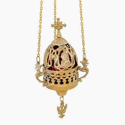 Christian Brass Hanging Oil Vigil Lamp with Cross, Prayer Hanging Oil Lamp, Orthodox Oil Candle with glass cup, religious decor - TheHolyArt