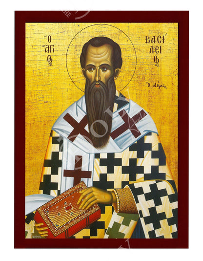 Saint Basil icon, Handmade Greek Orthodox icon of Basil the Great, Byzantine art wall hanging of St Basil of Caesarea on wood plaque - TheHolyArt