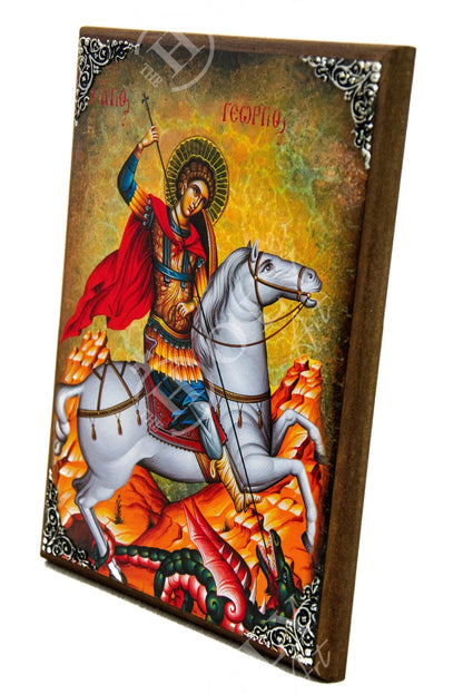 Saint George icon, Handmade Greek Orthodox icon of St George, Byzantine art wall hanging icon wood plaque of Agios Georgios, religious decor - TheHolyArt