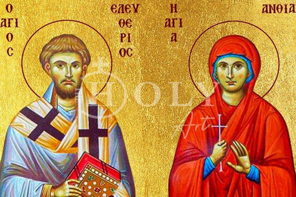 Saint Eleutherius and Anthia icon, Handmade Greek Orthodox icon, Byzantine art wall hanging icon wood plaque, religious decor - TheHolyArt
