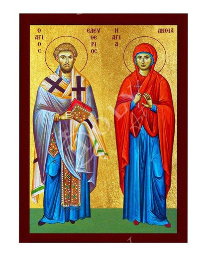 Saint Eleutherius and Anthia icon, Handmade Greek Orthodox icon, Byzantine art wall hanging icon wood plaque, religious decor - TheHolyArt