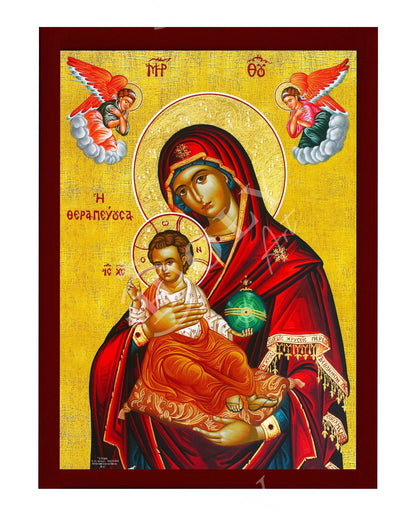 Virgin Mary icon Panagia Therapeusa, Greek Christian Orthodox Icon, Mother of God Byzantine art, Theotokos handmade wall hanging wood plaque - TheHolyArt