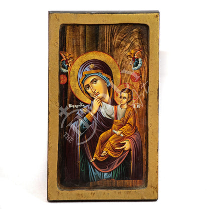 Virgin Mary icon Paramythia, Handmade Greek Orthodox Icon, Mother of God Byzantine art wall hanging, Theotokos wood plaque 23x14cm - TheHolyArt