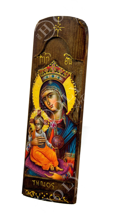 Virgin mary icon panagia, handmade greek orthodox icon, mother of god byzantine art, theotokos wall hanging wood plaque religious decor - TheHolyArt